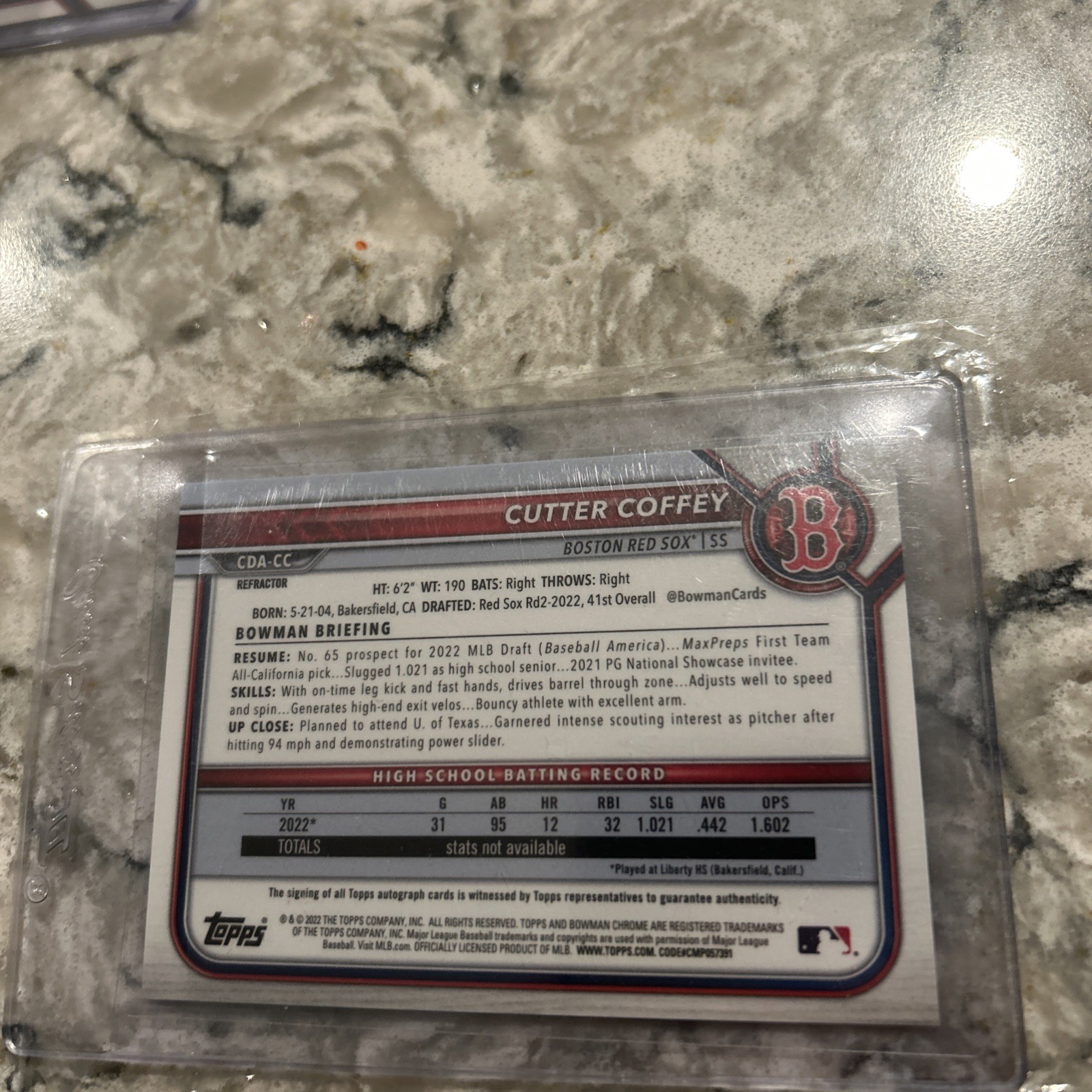 2022 Bowman Draft – Chrome Draft Pick Autographs Cutter Coffey Refractor /499