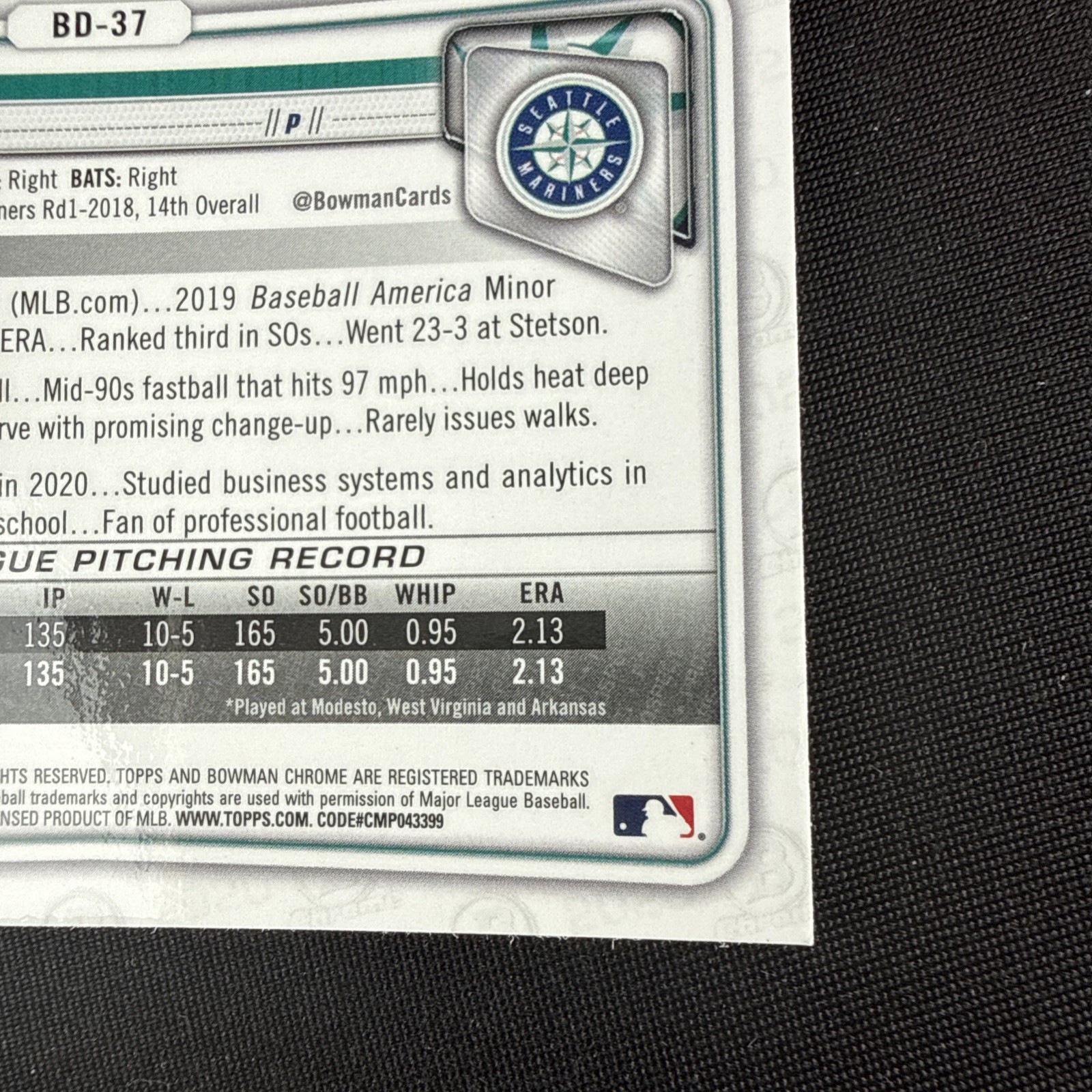 Logan Gilbert Rookie Card RC 2020 Bowman Draft Chrome Sapphire Edition #BD-37