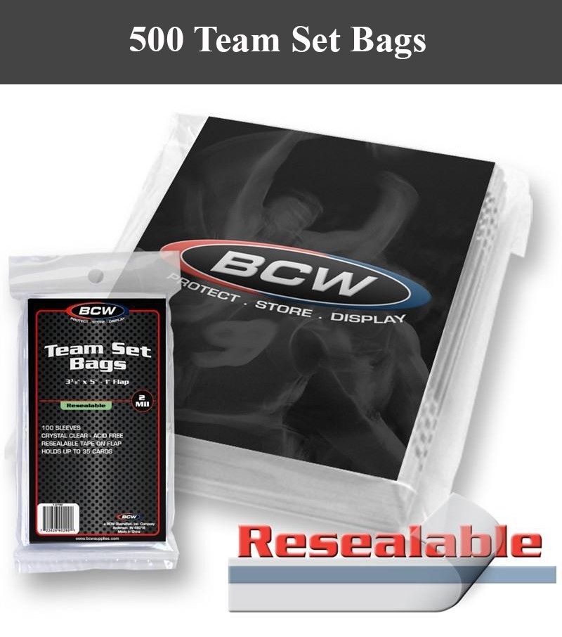 500 Team Set Poly Bags Resealable Card Sleeve Holder Archival Adhesive Strip BCW
