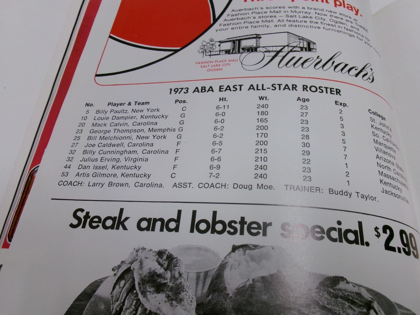 1972-73 ABA All Star Game Program-6th Annual Game-JULIUS ERVING 2ND AS/DAN ISSEL