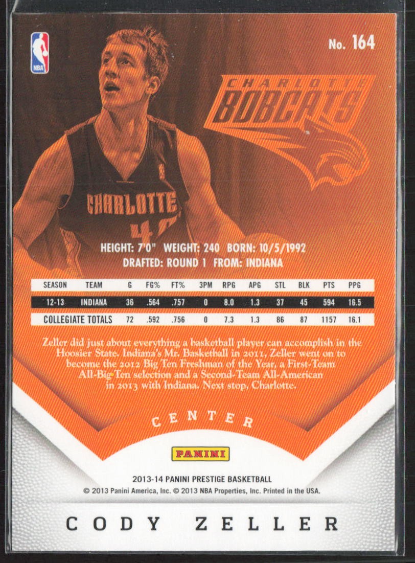 2013-14 Panini Prestige #164 Cody Zeller Charlotte Bobcats RC (W)