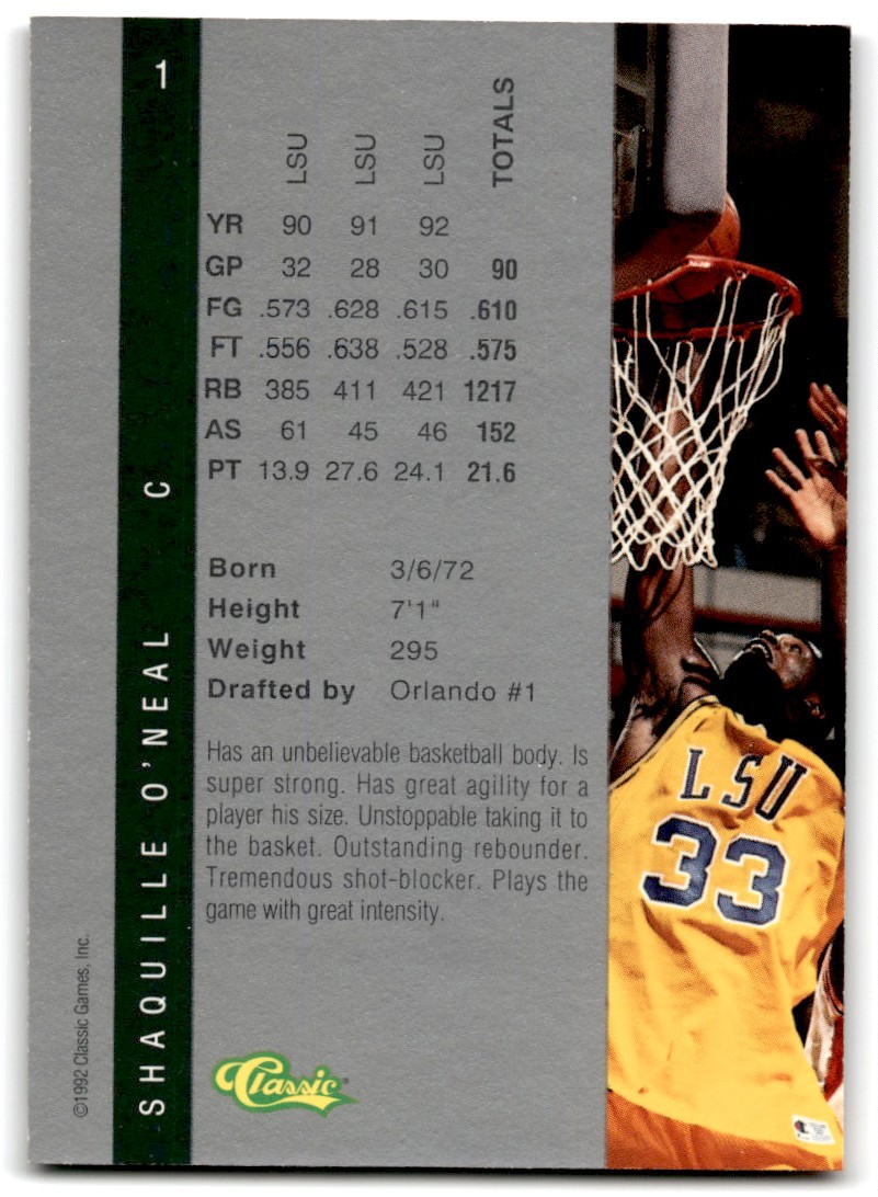 1992-93 Classic Draft Pick Collection Shaquille O’Neal RC LSU Tigers #1