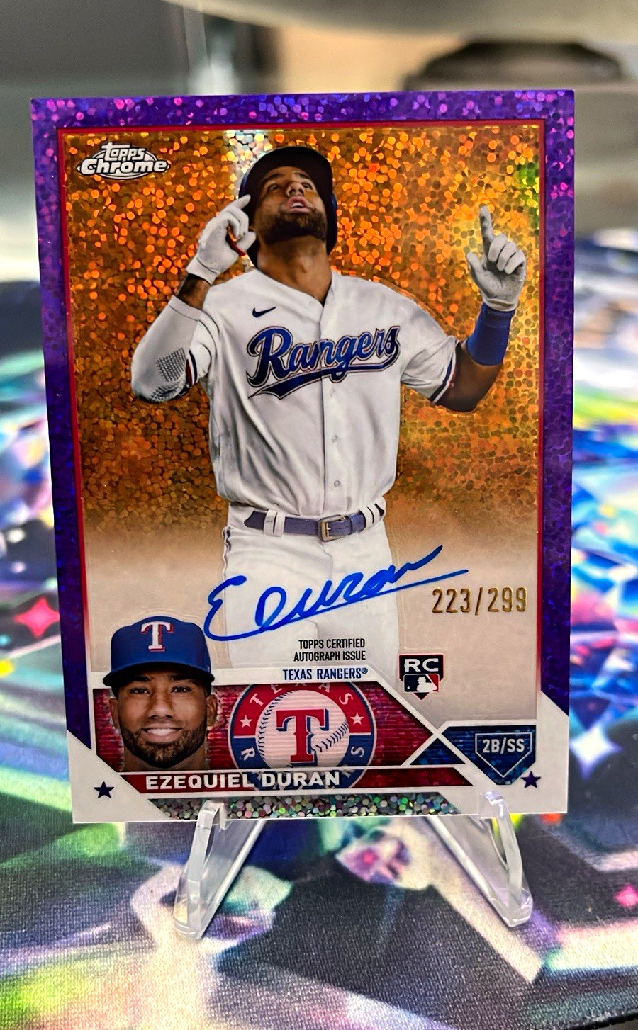 Topps Chrome 2023 Ezequiel Duran RC Auto Purple Speckle /299 RA-EDU TEX