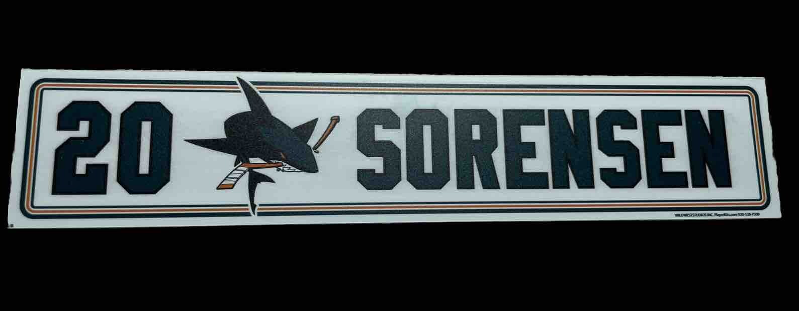 Marcus Sorensen #20 [10”x 2” 1mm] Locker Stall Nameplate NHL SJ Sharks Game Used