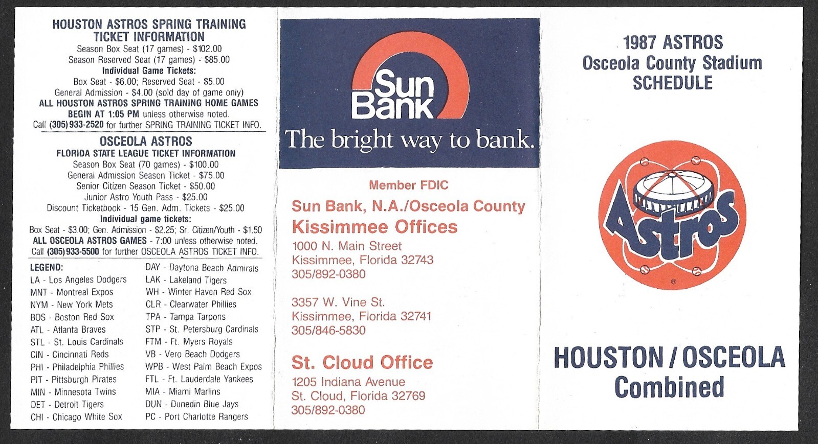 1987 OSCEOLA / HOUSTON ASTROS Spring & Regular Season POCKET SCHEDULE NM-MT