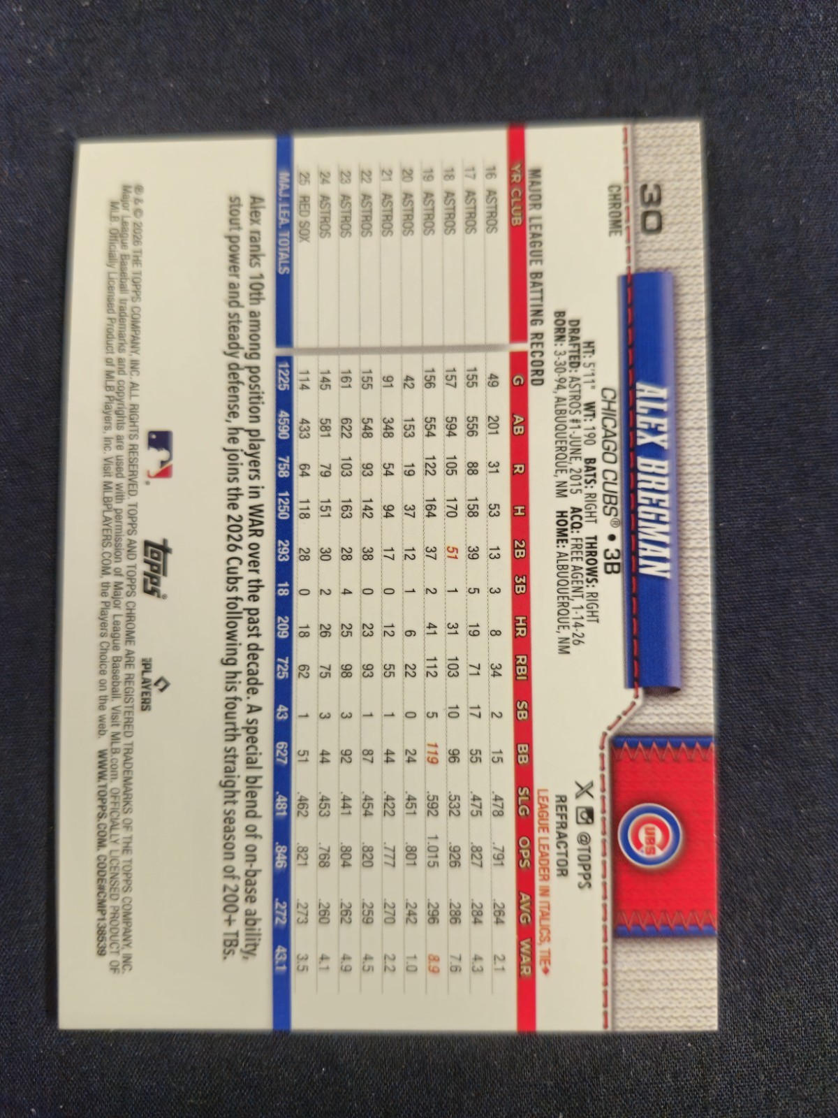2026 Topps Chrome Alex Bregman #30 Refractor Cubs