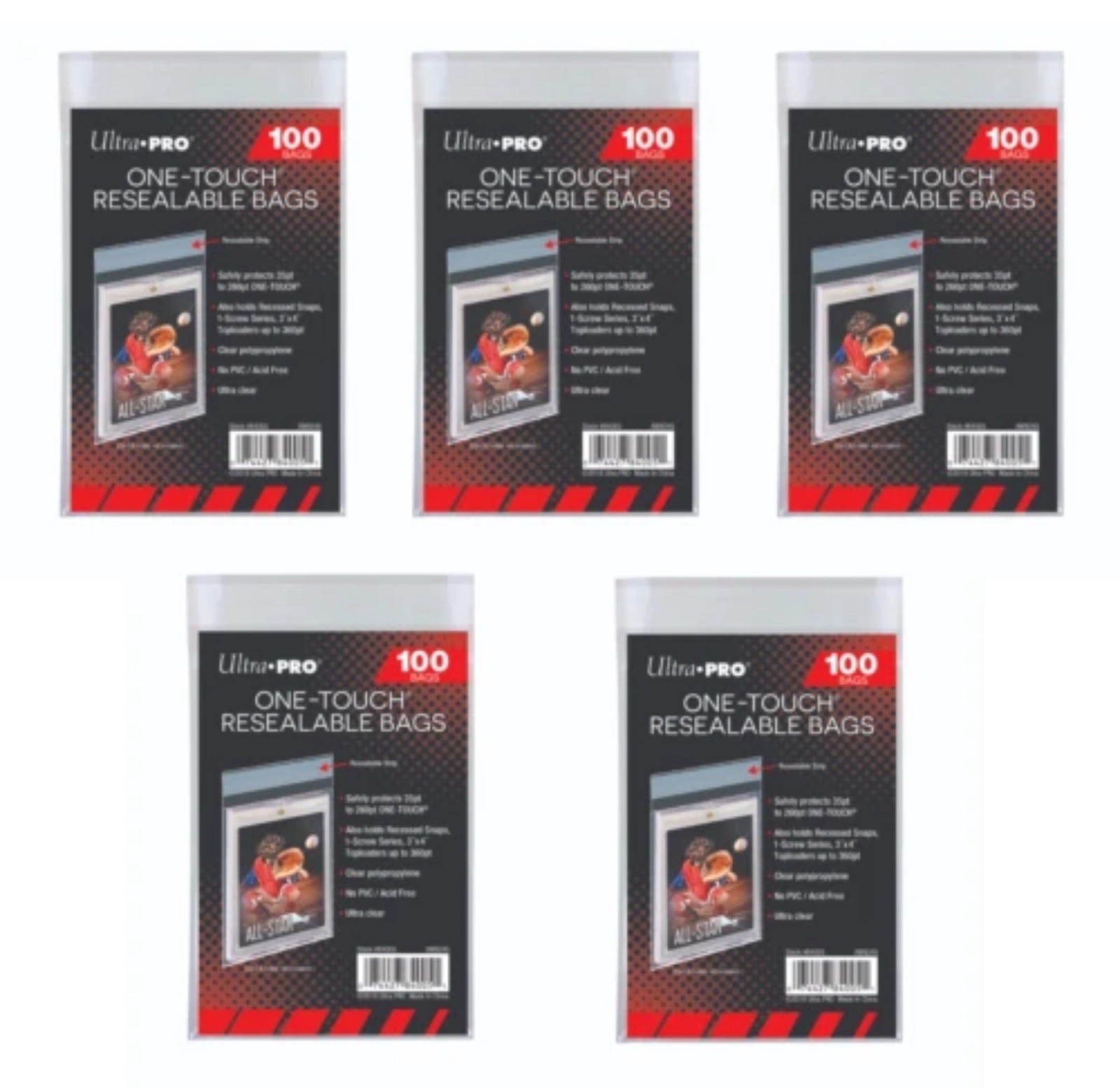 5 Packs = 500 Ultra Pro ONE TOUCH RESEALABLE BAGS Fits Magnetics & Toploaders