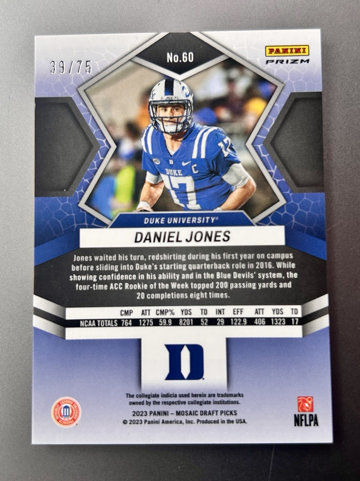 2023 Panini Mosaic Draft- Daniel Jones #39/75. Blue.