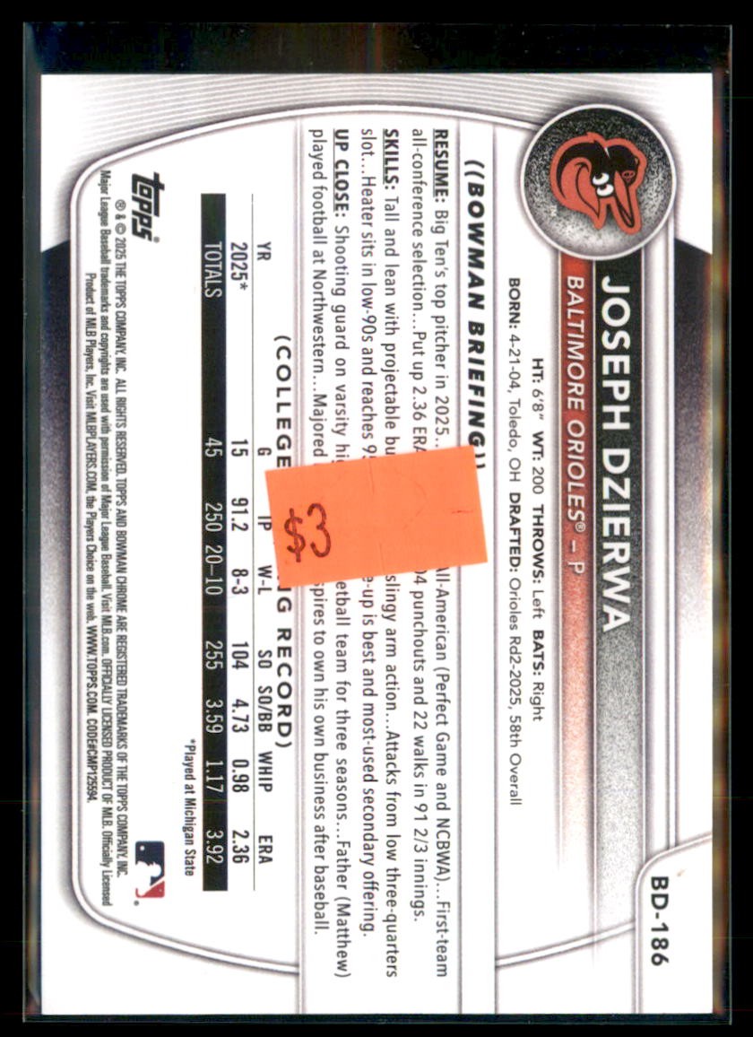 2025 Bowman Draft Paper Joseph Dzierwa Orioles BD-186 1st Bowman 5 card lot