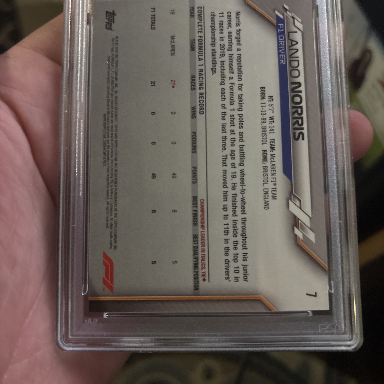 2020 Topps Chrome Formula 1 Lando Norris Sapphire Edition PSA 10 #7 Rookie RC F1