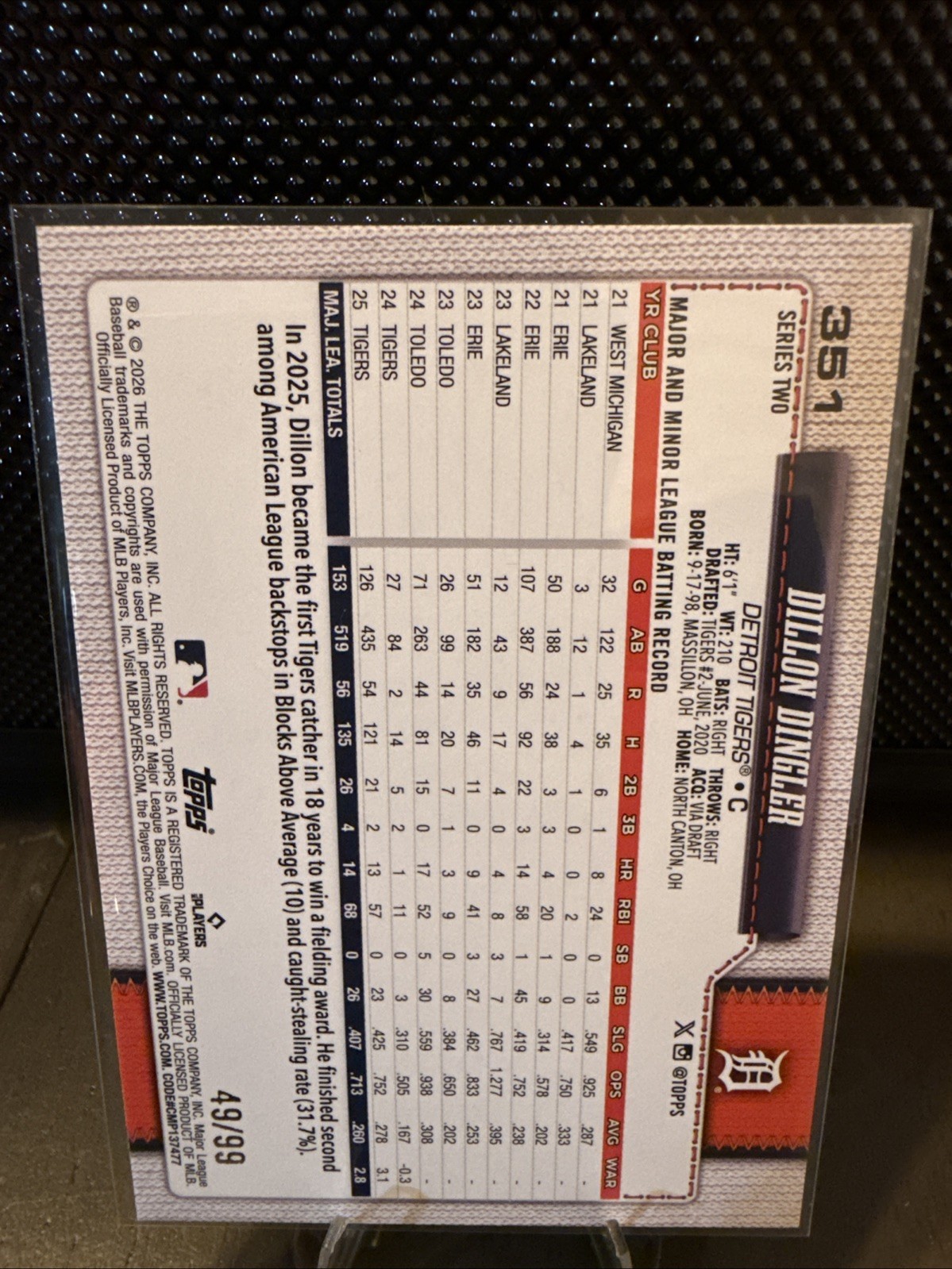 2026 Topps Series 2 Dillon Dingler Green Holo Foil /99 #351 Detroit Tigers 49/99