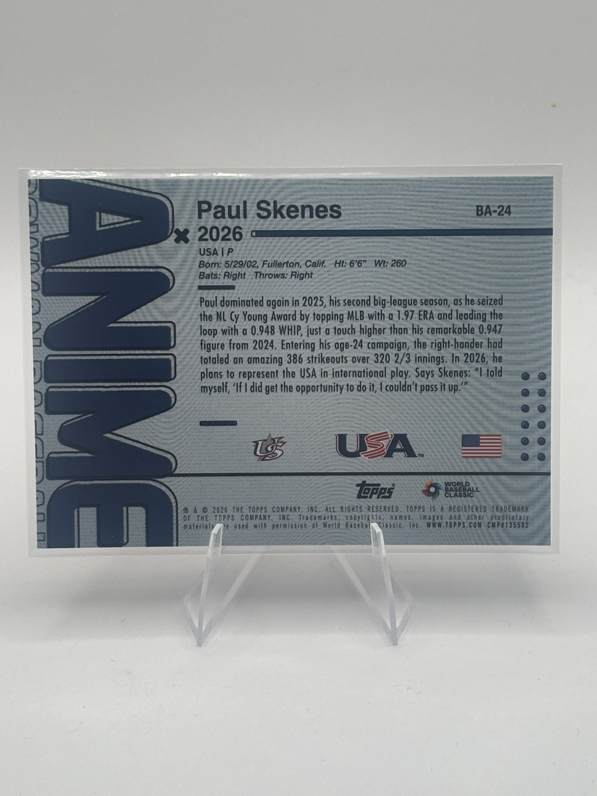 🔥2026 Bowman Chrome Paul Skenes USA WBC Anime #BA-24 MLB Pirates Topps Bowman🔥