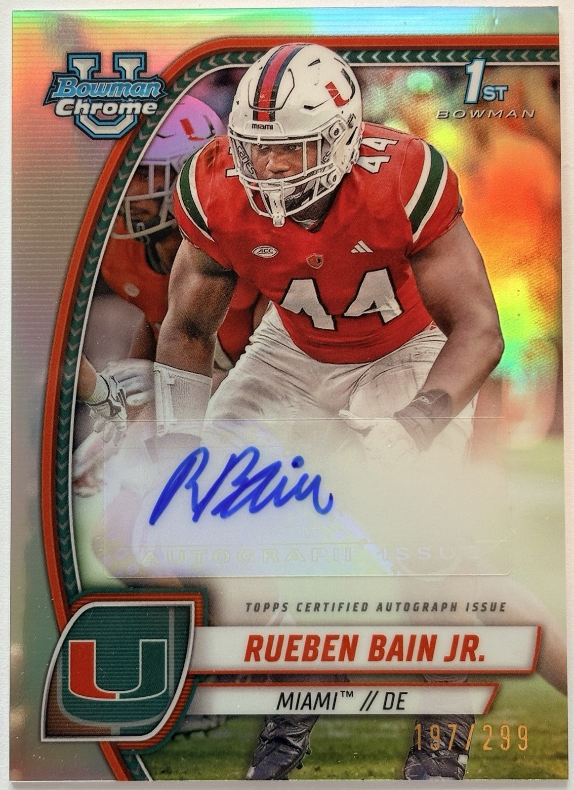 Topps 2024 1st Bowman U (RC) Chrome Rueben Bain Jr Auto Refractor PA-RBA 197/299