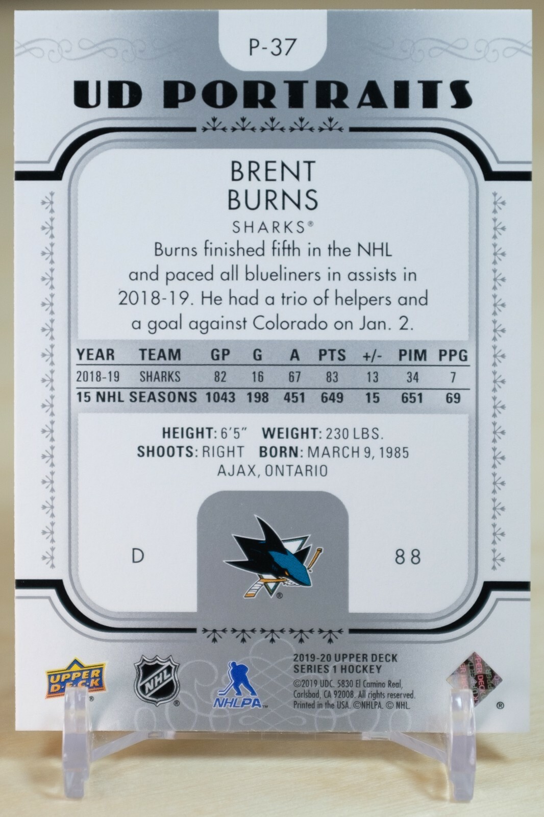 2019-20 Upper Deck UD Portraits Brent Burns #P-37 San Jose Sharks
