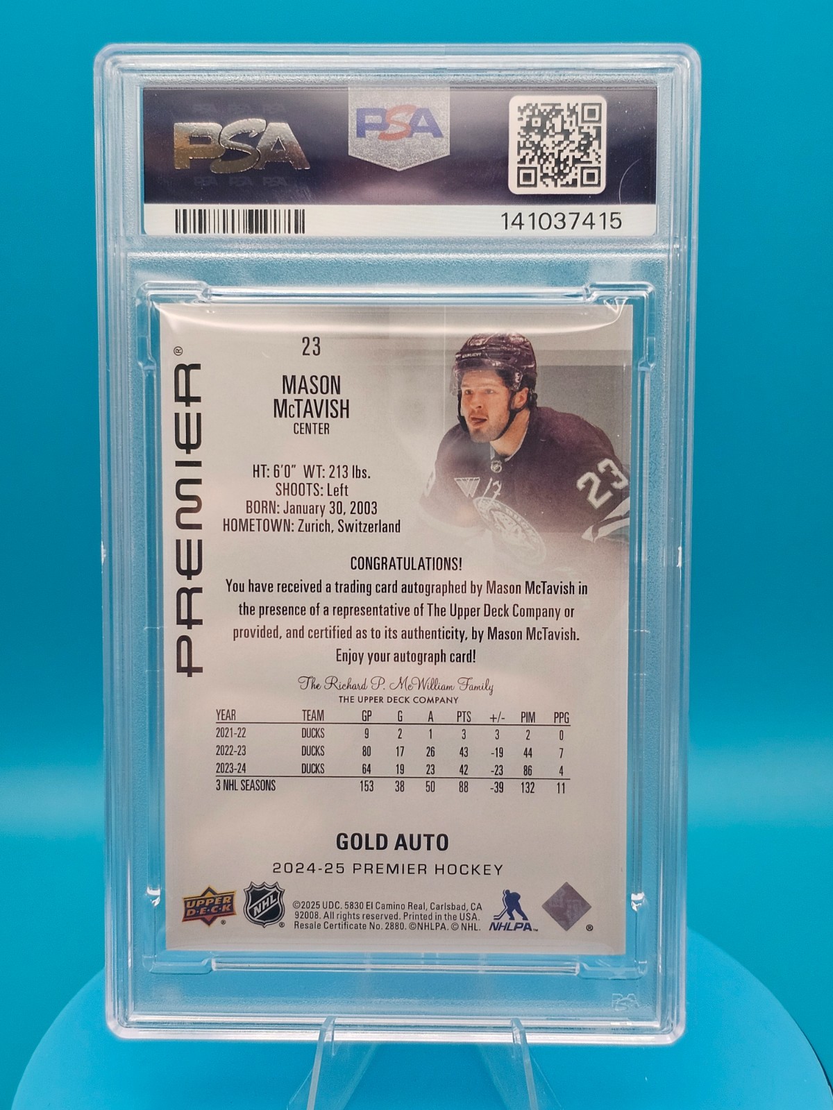 2024-25 Upper Deck Premier Autograph GOLD Mason McTavish /25 PSA 10 #23