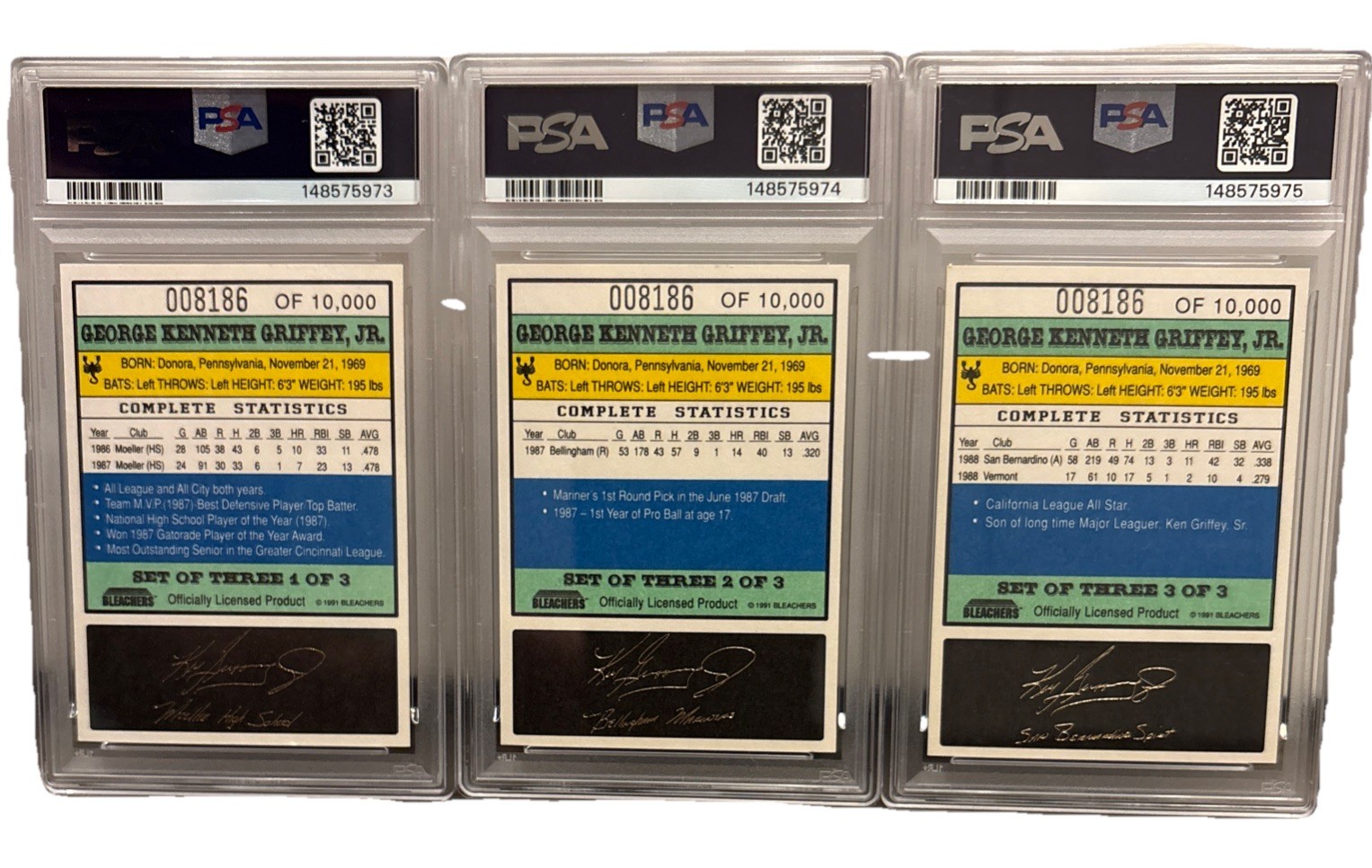 Ken Griffey Jr. 1991 Bleachers 23KT Gold 3 Card Set /10000 Mariners PSA 9 MINT!
