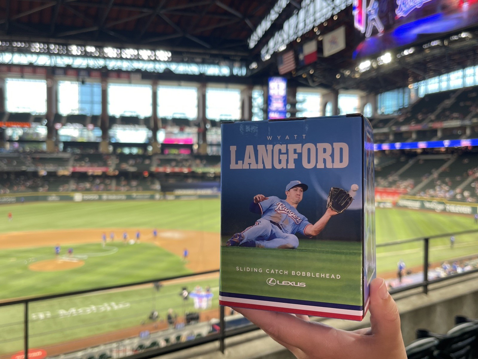 TEXAS RANGERS WYATT LANGFORD SLIDING CATCH BOBBLEHEAD SGA 7-9-26