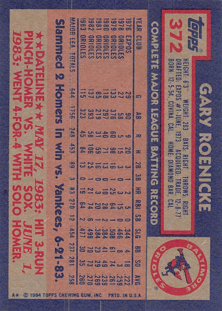 Gary Roenicke 1984 Topps 372 Baltimore Orioles BASEBALL Card
