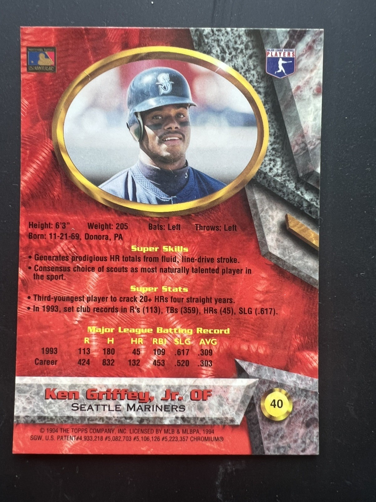 1994 Bowman’s Best KEN GRIFFEY JR #40 SEATTLE MARINERS HOF CHROME CLEAN & SHARP