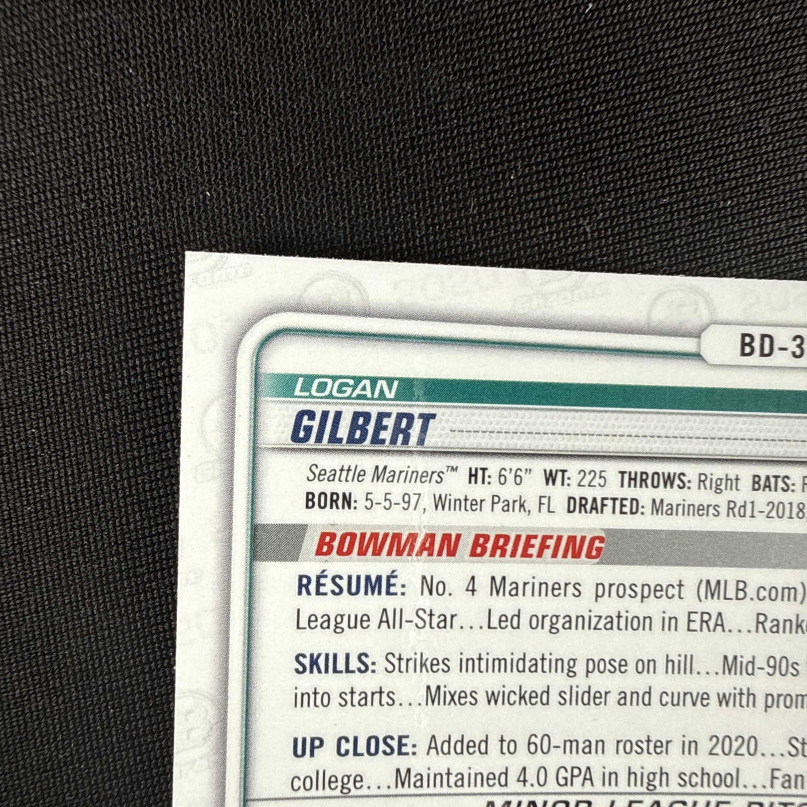 Logan Gilbert Rookie Card RC 2020 Bowman Draft Chrome Sapphire Edition #BD-37