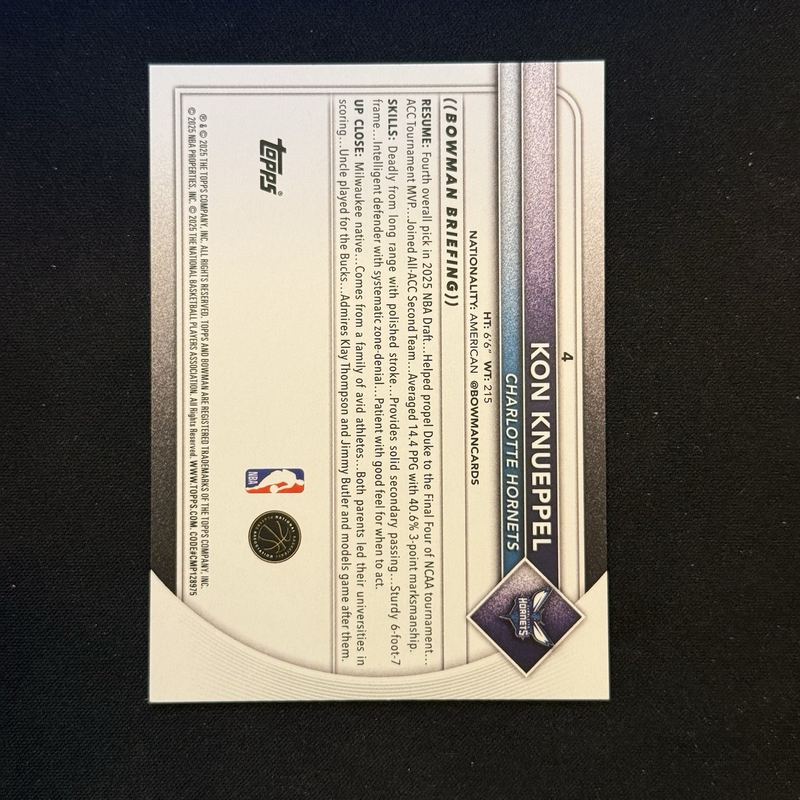 2025-26 Bowman Basketball – Kon Knueppel – RC – #4 – Charlotte Hornets