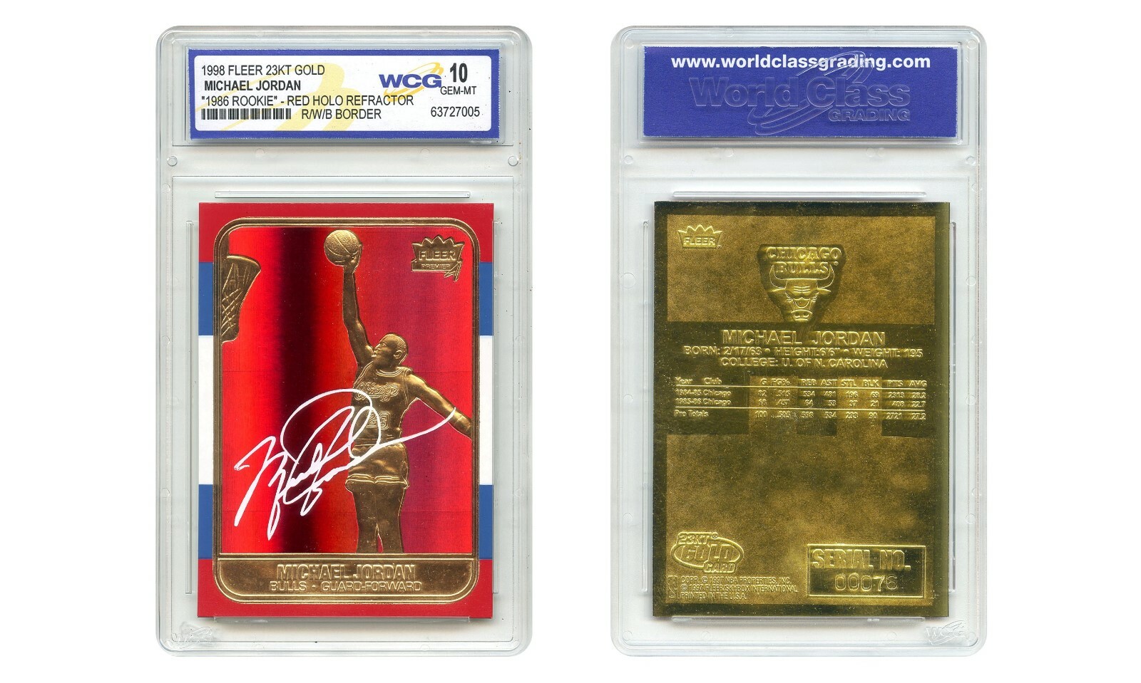 MICHAEL JORDAN ’98 FLEER 23K Gold Card RED PRIZM Rookie Design Refractor GEM 10