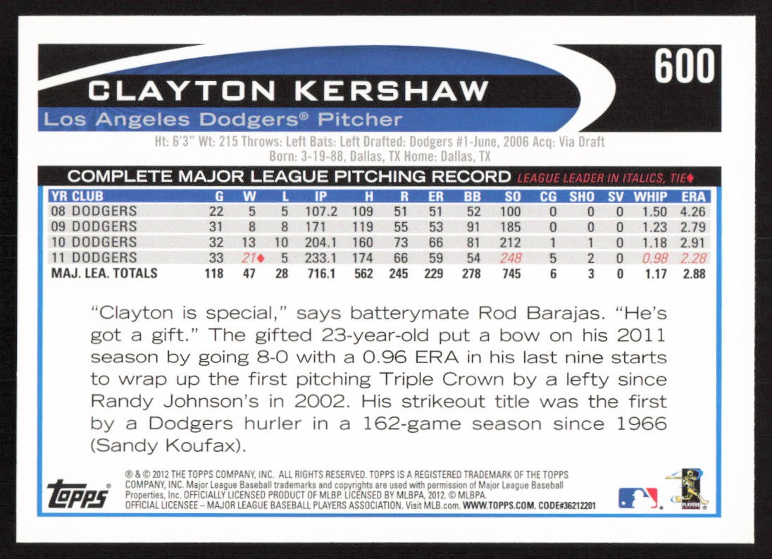 2012 Topps Clayton Kershaw #600 Los Angeles Dodgers