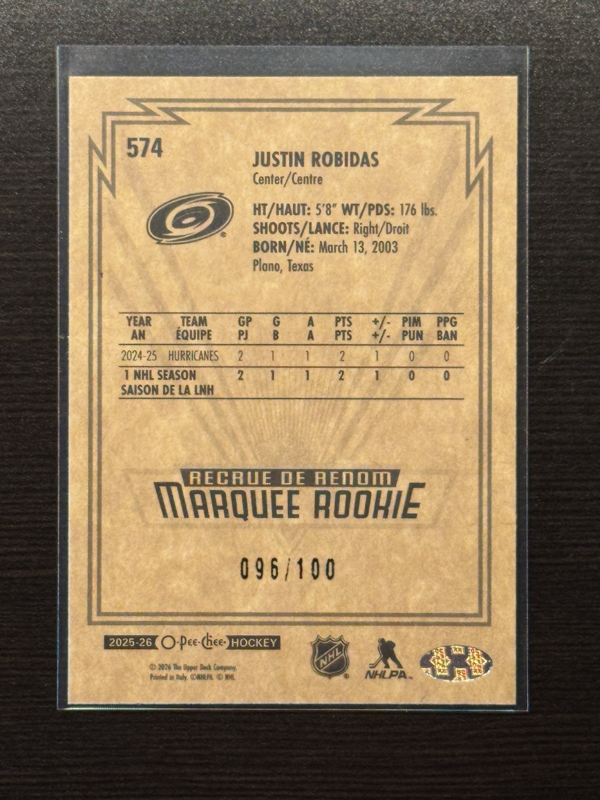 2025-26 O Pee Chee – Justin Robidas #547 MARQUEE ROOKIE RETRO BLACK /100