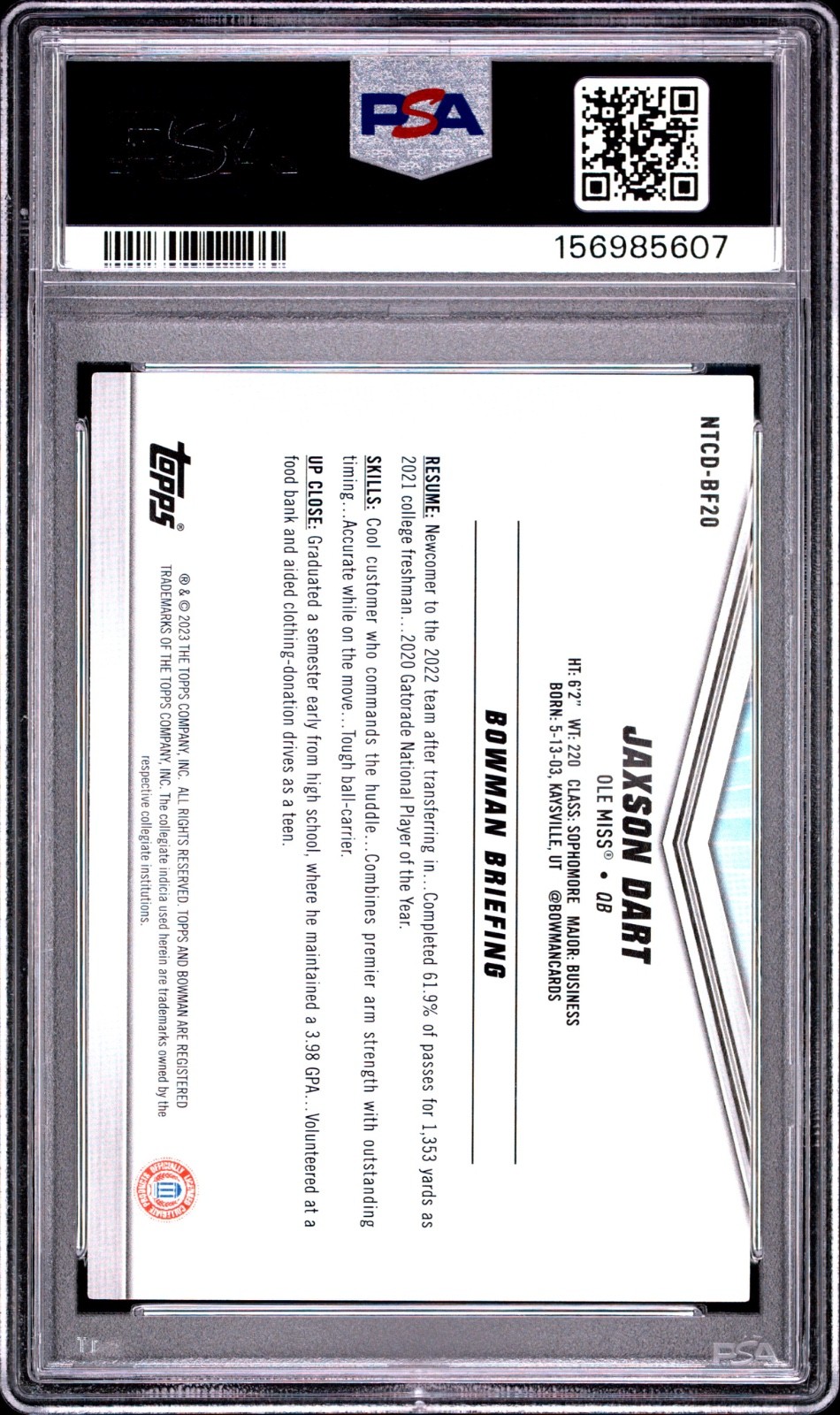 2023 Topps International Trading Card Day Jaxson Dart Bowman U PSA 10 Gem Mint
