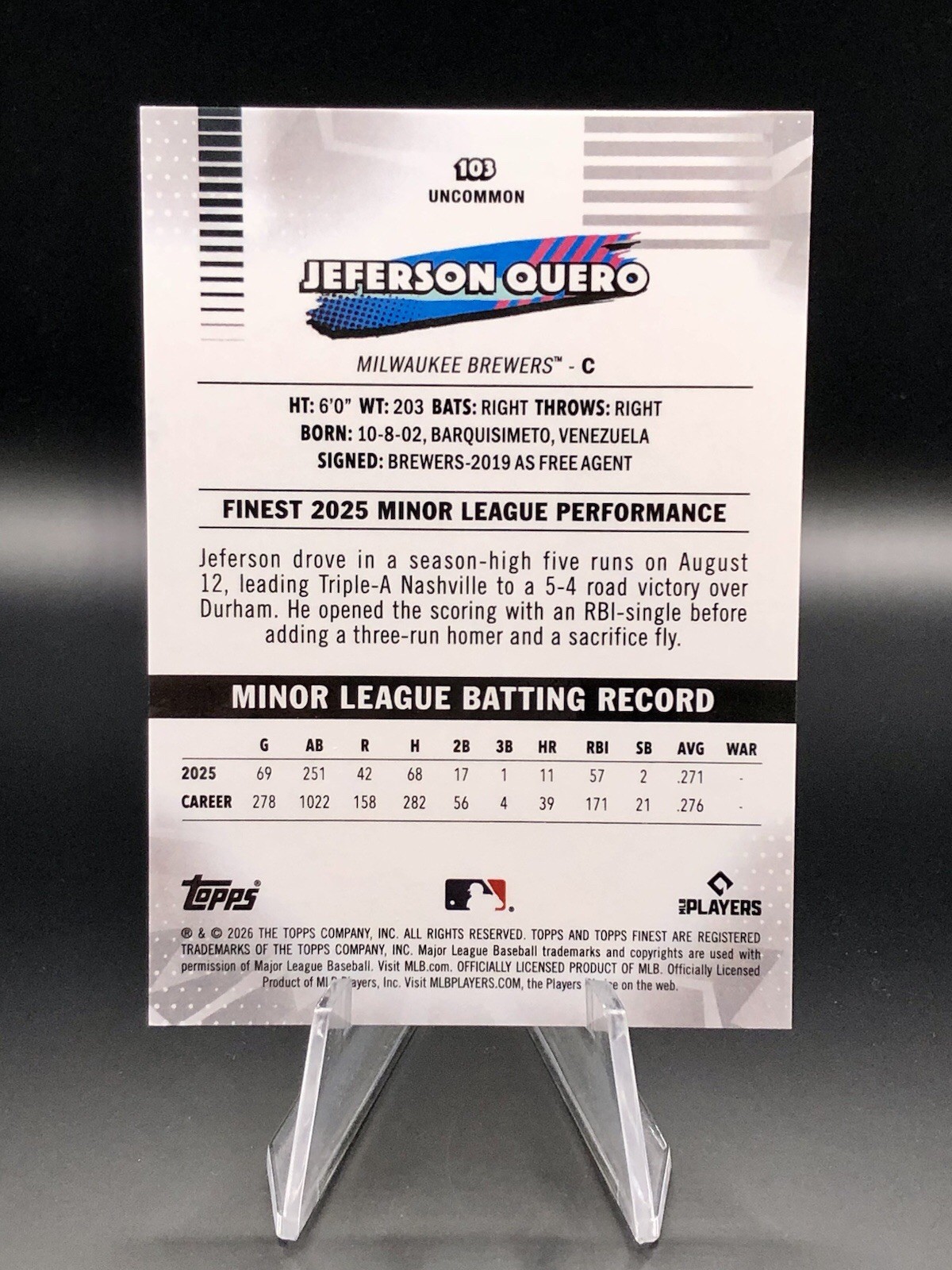 Jeferson Quero 2026 Topps Finest #103 Green Mini Diamond /99 Uncommon RC Brewers