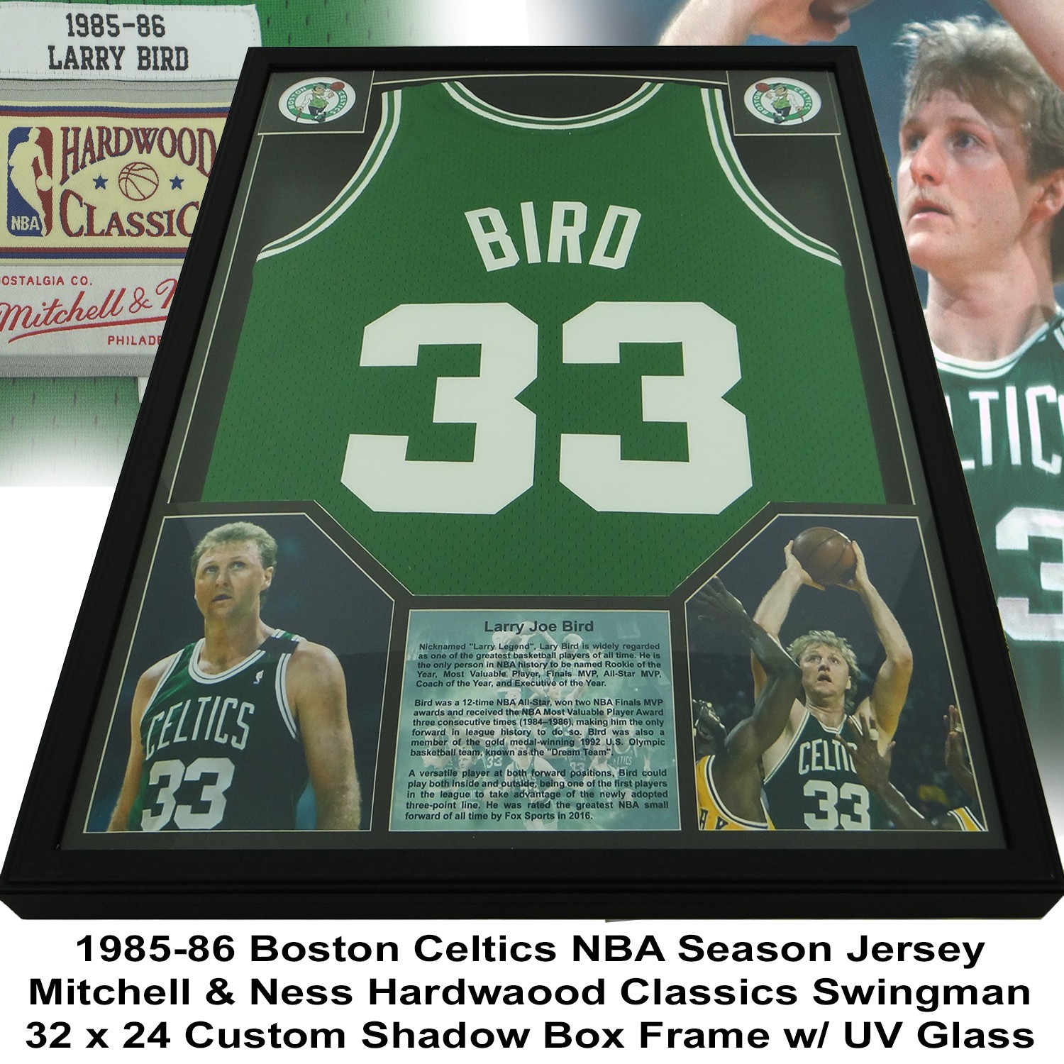 Larry Bird Celtics Mitchell & Ness Swingman 85-86 Season Jersey Framed UNSIGNED