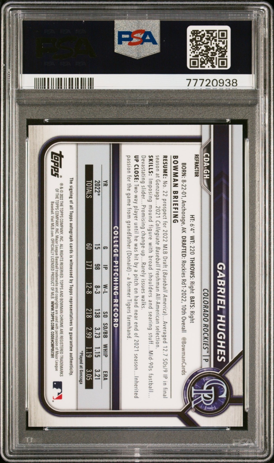 2022 1st Bowman Draft REFRACTOR RC AUTO Gabriel Hughes PSA 9! Autograph /499