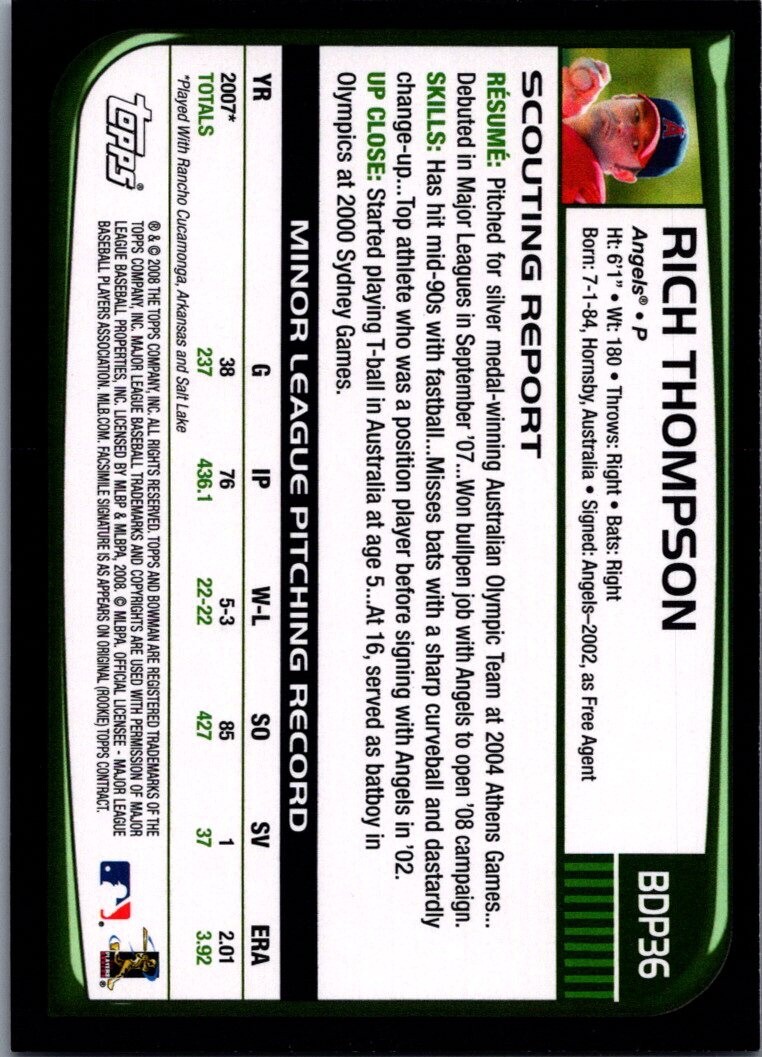 2008 Bowman Draft #BDP36 Rich Thompson RC Angels