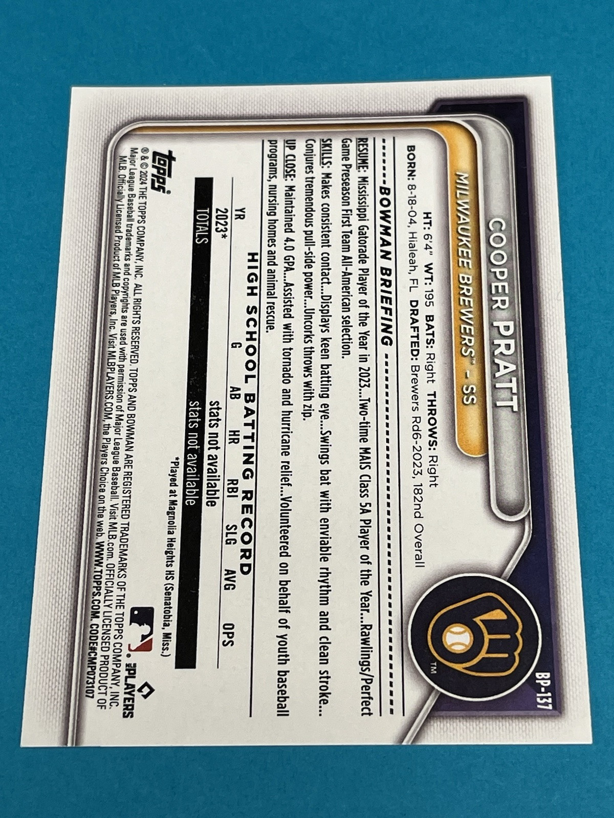 2024 Bowman COOPER PRATT 1st Bowman #BP-137 Milwaukee Brewers Qty Avail