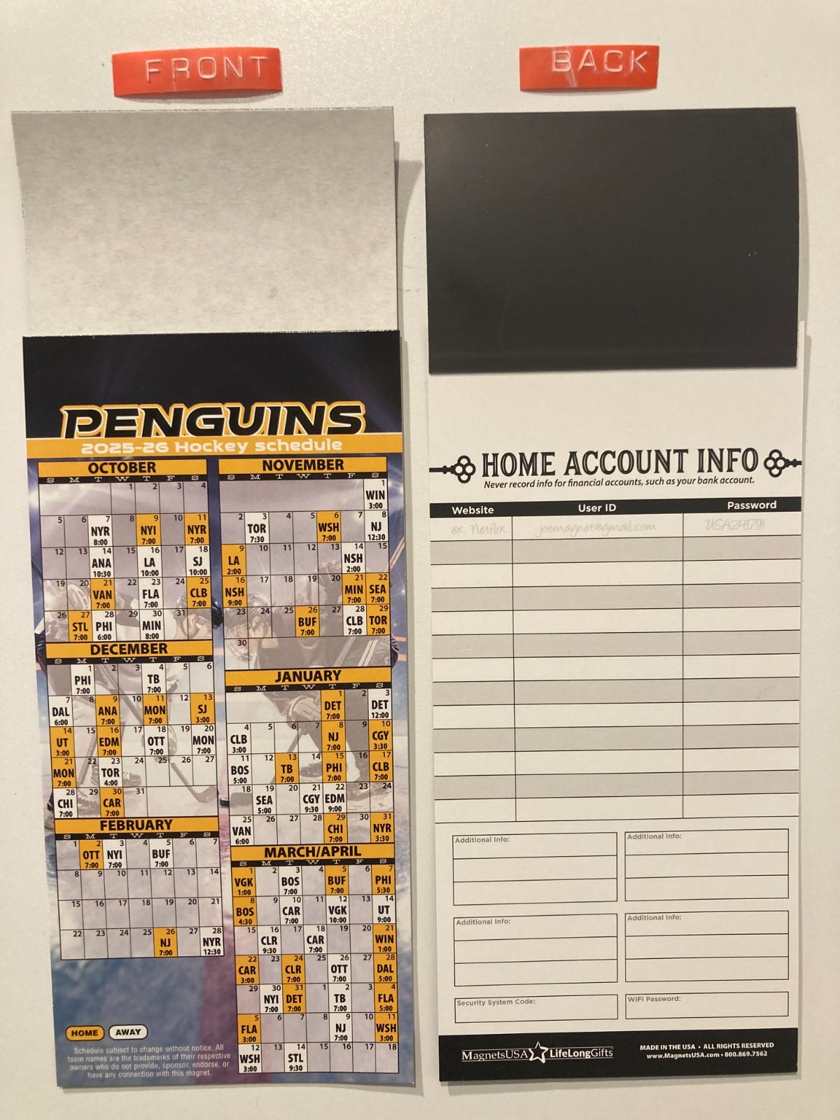 NHL 2025-26 PITTSBURGH PENGUINS PARTIAL MAGNET SCHEDULE TEAMS, DATES & TIMES-NEW