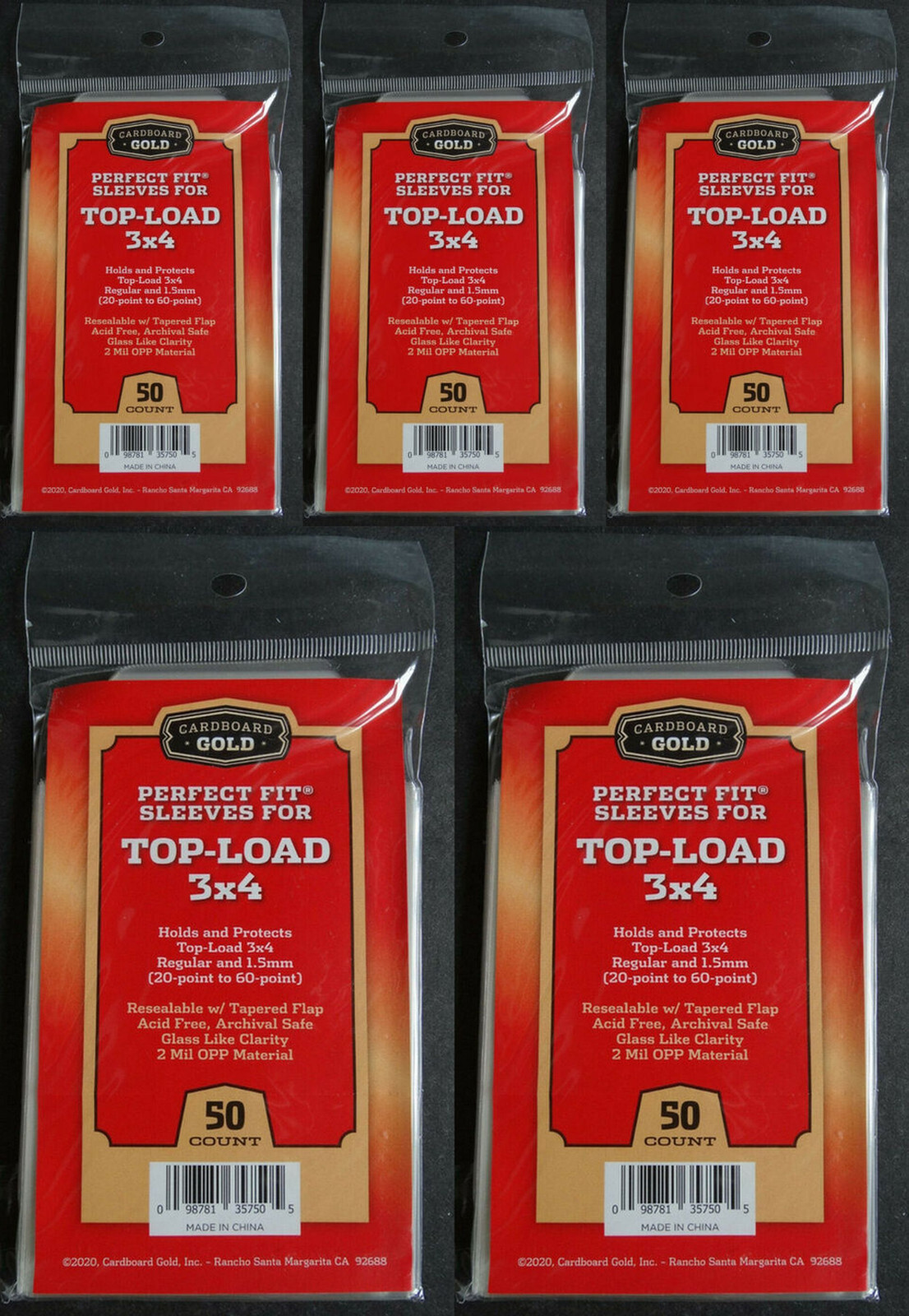 250 Cardboard Gold Perfect Fit Sleeves for Top-Load 3×4 from 20-60 Pt Bag