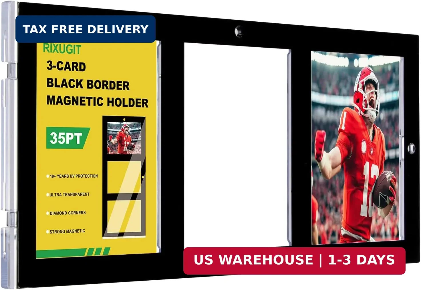 5 Pack 3-Card One Touch Magnetic Card Holders, 35PT Black Border Cases for Stand