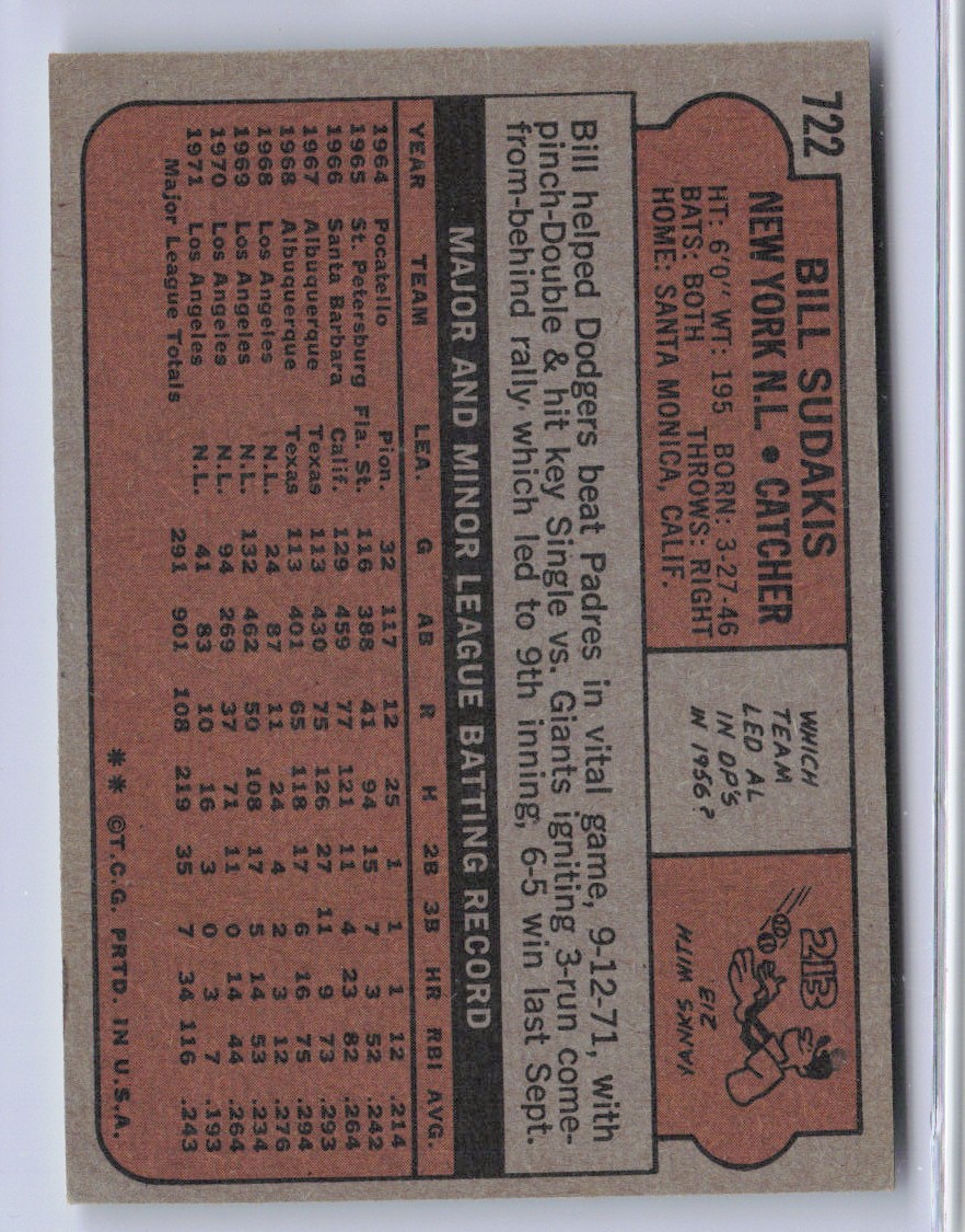 1972 Topps Bill Sudakis #722 – NY Mets – Vg – M3104