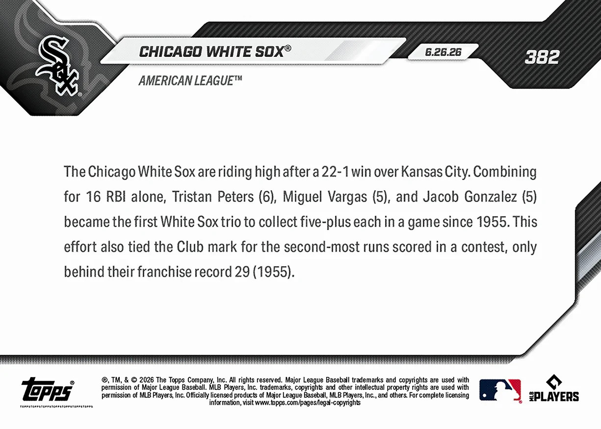 Chicago White Sox – 2026 MLB Topps NOW® – Card 382 – PR: 724 – PREORDER RBI FEAT