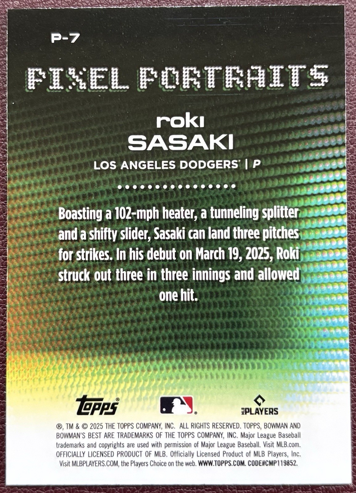 Roki Sasaki 2025 Bowman’s Best Pixel Portraits Refractor LA Dodgers Rookie RC