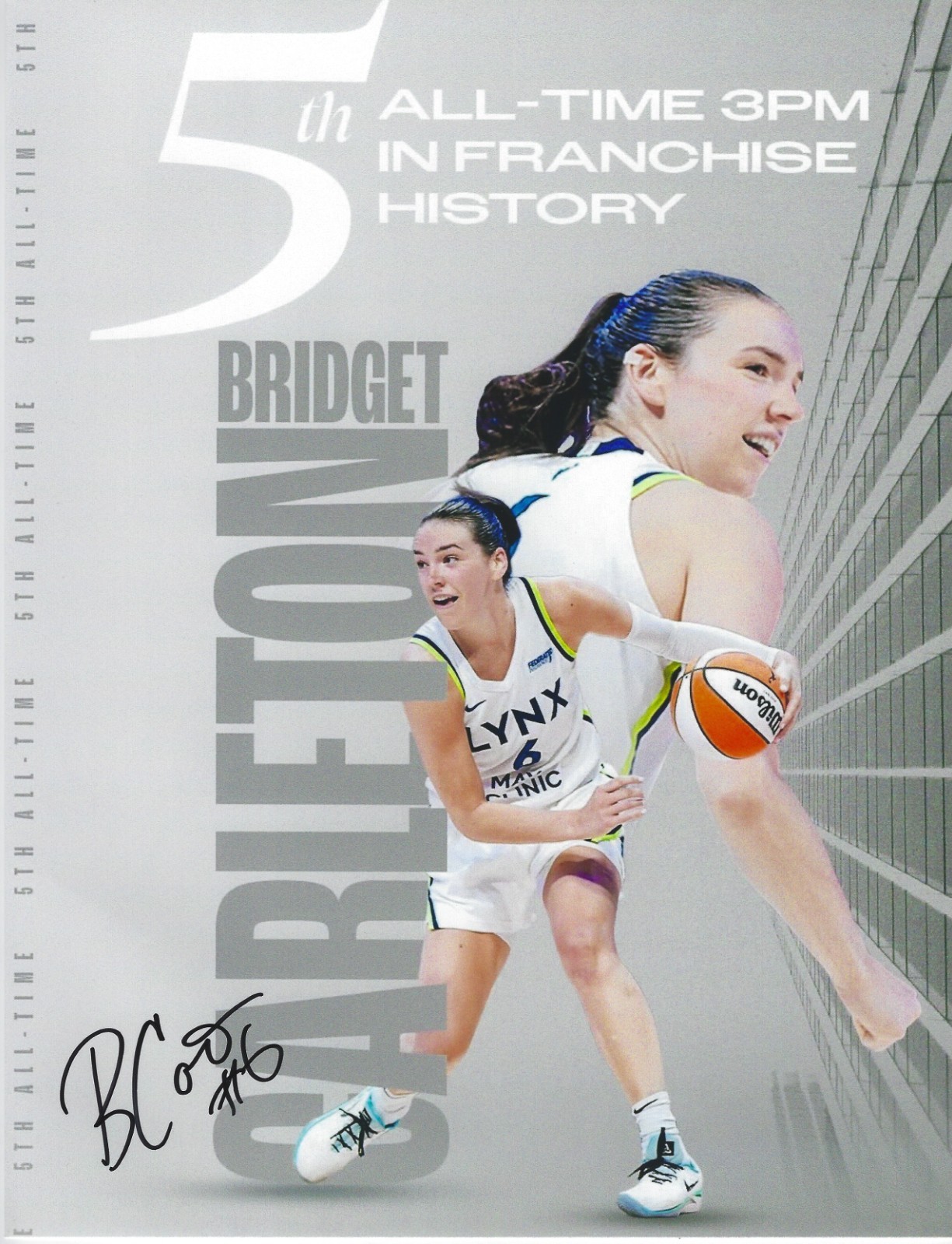 BRIDGET CARLETON Signed 8.5 x 11 Photo Signed REPRINT Basketball WNBA Lynx
