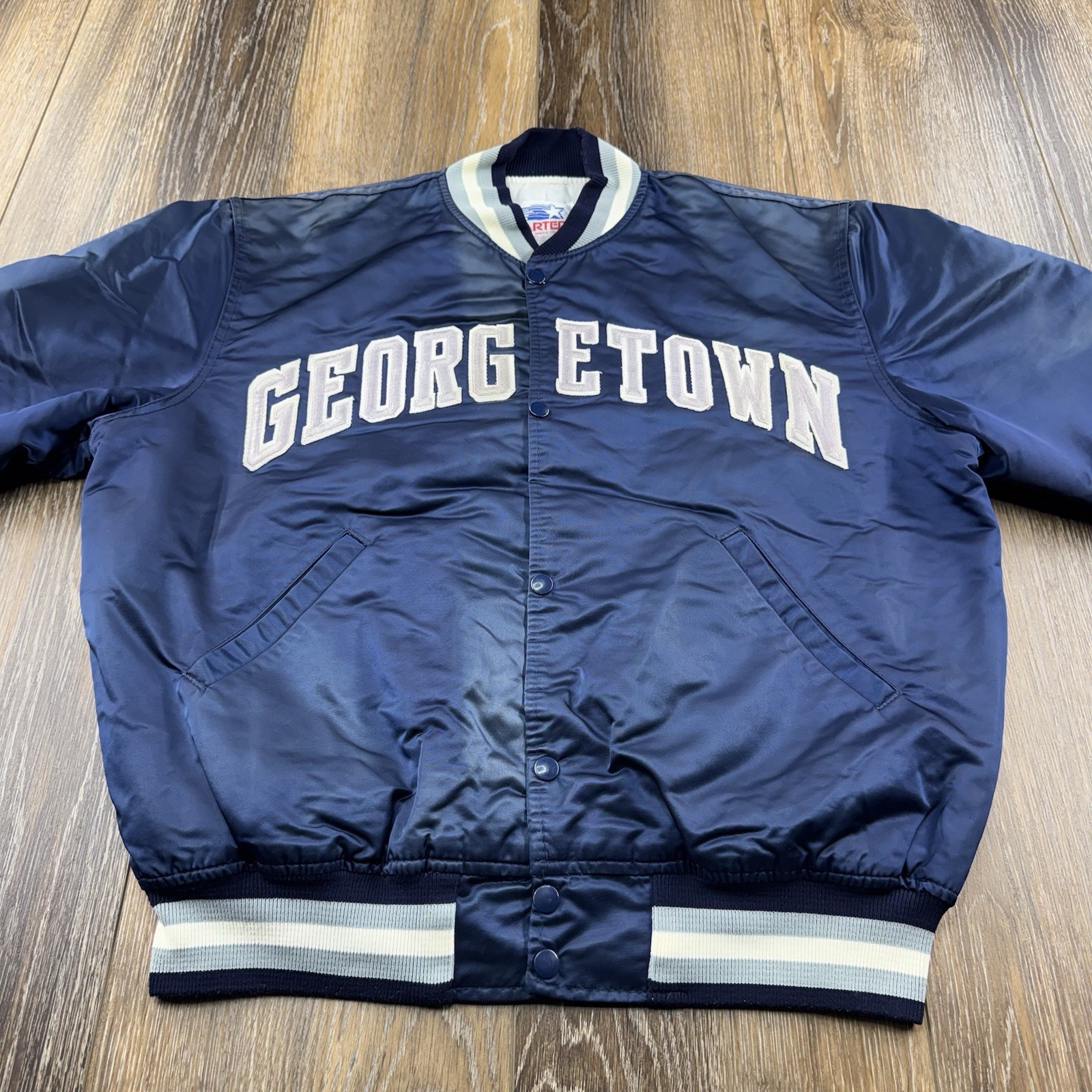 Vintage Georgetown Hoyas Satin Bomber Jacket Mens XL Blue Starter USA 90s Coat