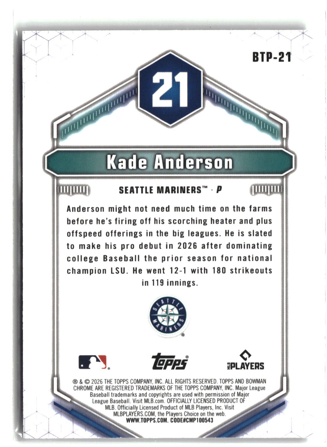 2026 Bowman #BTP-21 Kade Anderson Bowman Scouts’ Top 100