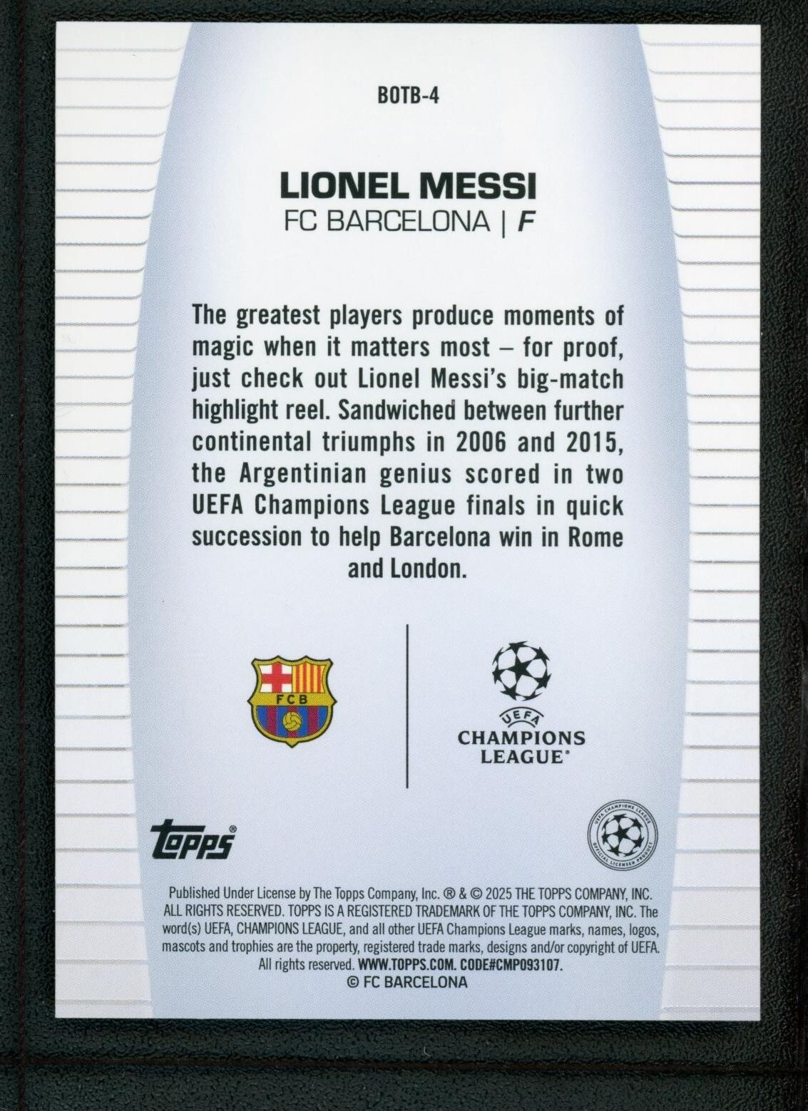 2025 LIONEL MESSI TOPPS UEFA CHAMPIONS LEAGUE BEST OF THE BEST