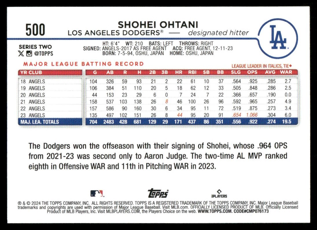 Shohei Ohtani 2024 Topps Series 2 #500 Los Angeles Dodgers Baseball Card NM