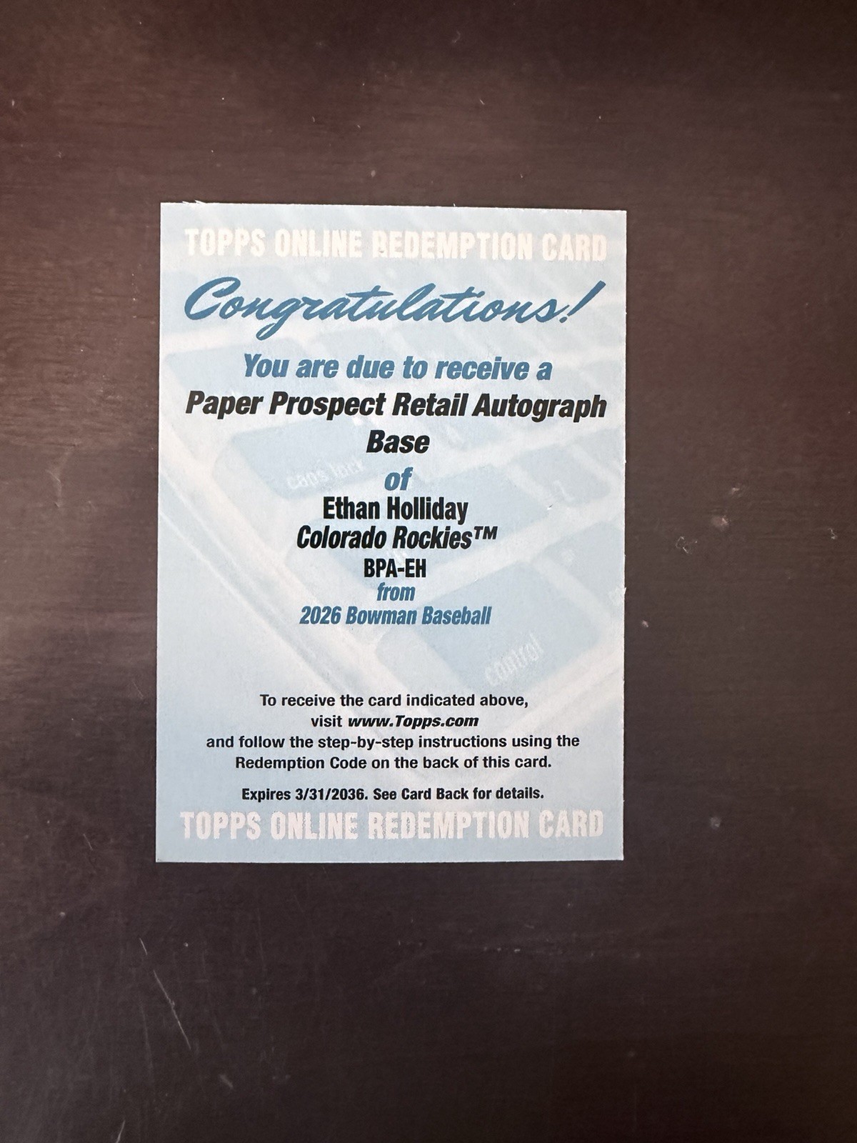 ETHAN HOLLIDAY- 2026 Bowman – Paper Prospect 1st Auto- Redemption -Rockies (SP)