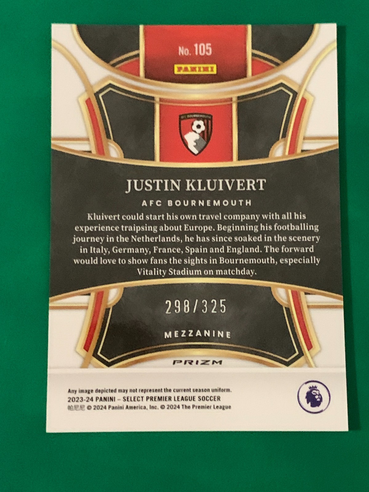 JUSTIN KLUIVERT – 2023-24 PANINI SELECT PREMIERE SOCCER – PINK MOJO PRIZM /325