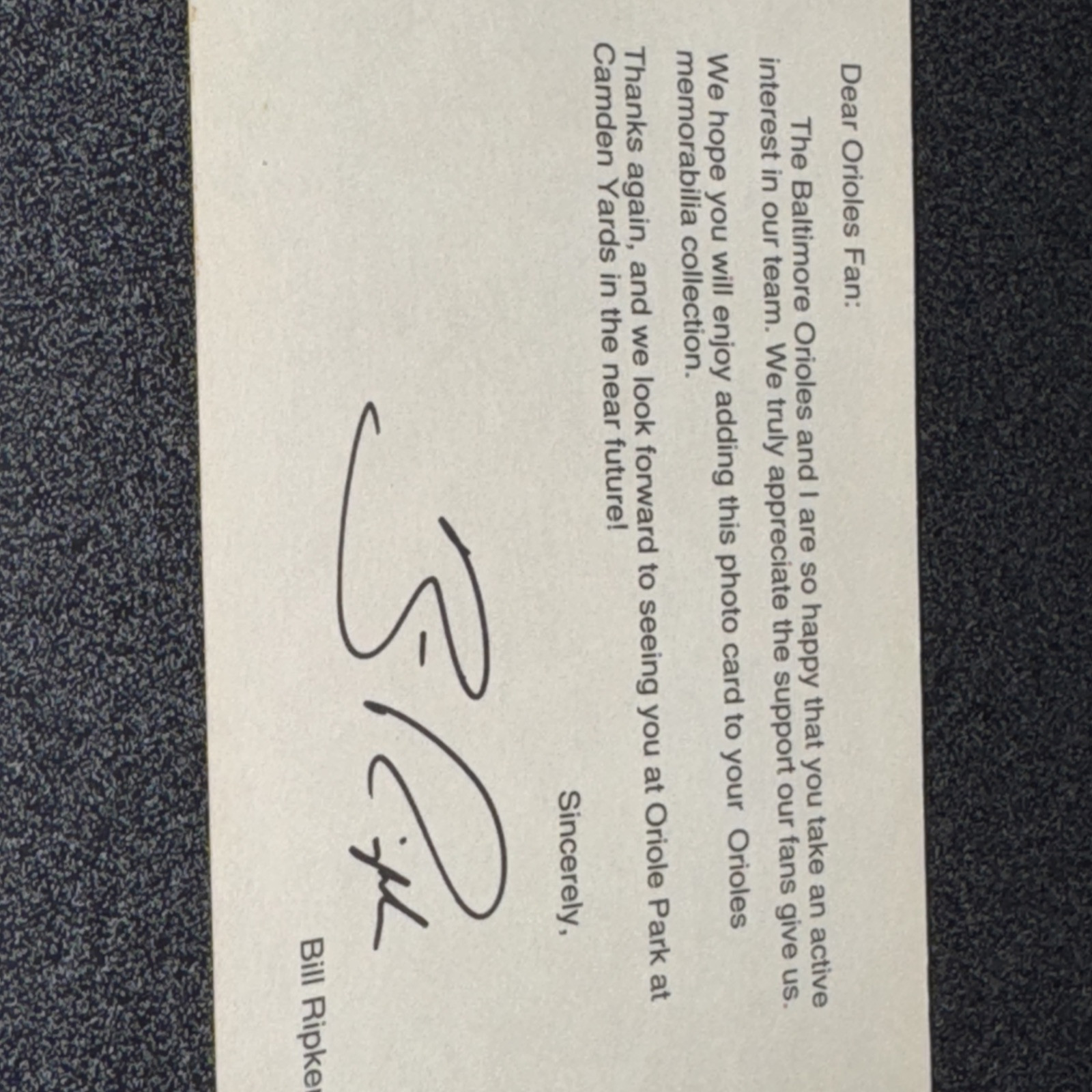 Billy Ripken Autographed Signed 3.5×5.25 Baltimore Orioles Fan Support Postcard