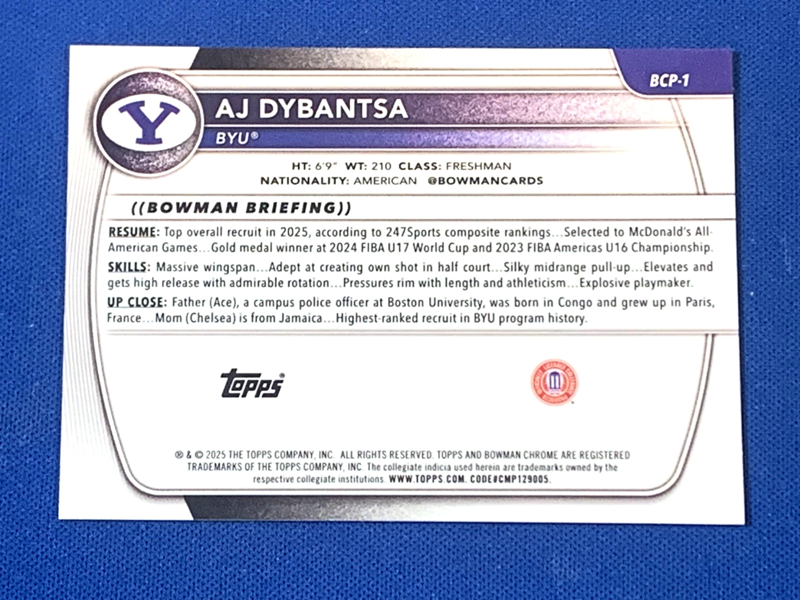 AJ Dybantsa 1st, 2025 Topps Bowman Sapphire 1st, Card#BCP-1