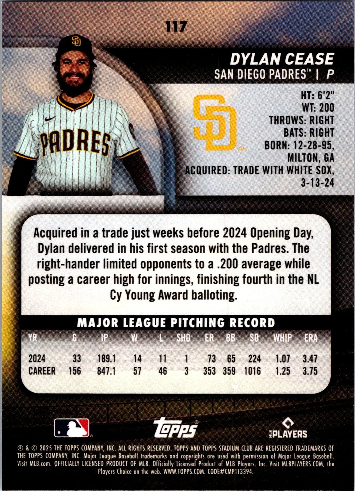 2025 Topps Stadium Club DYLAN CEASE #117 NM